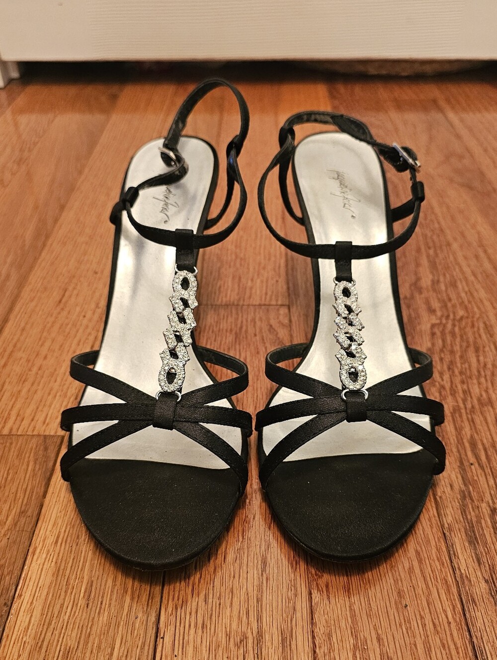 Elegant Black Jeweled T-Strap Heels